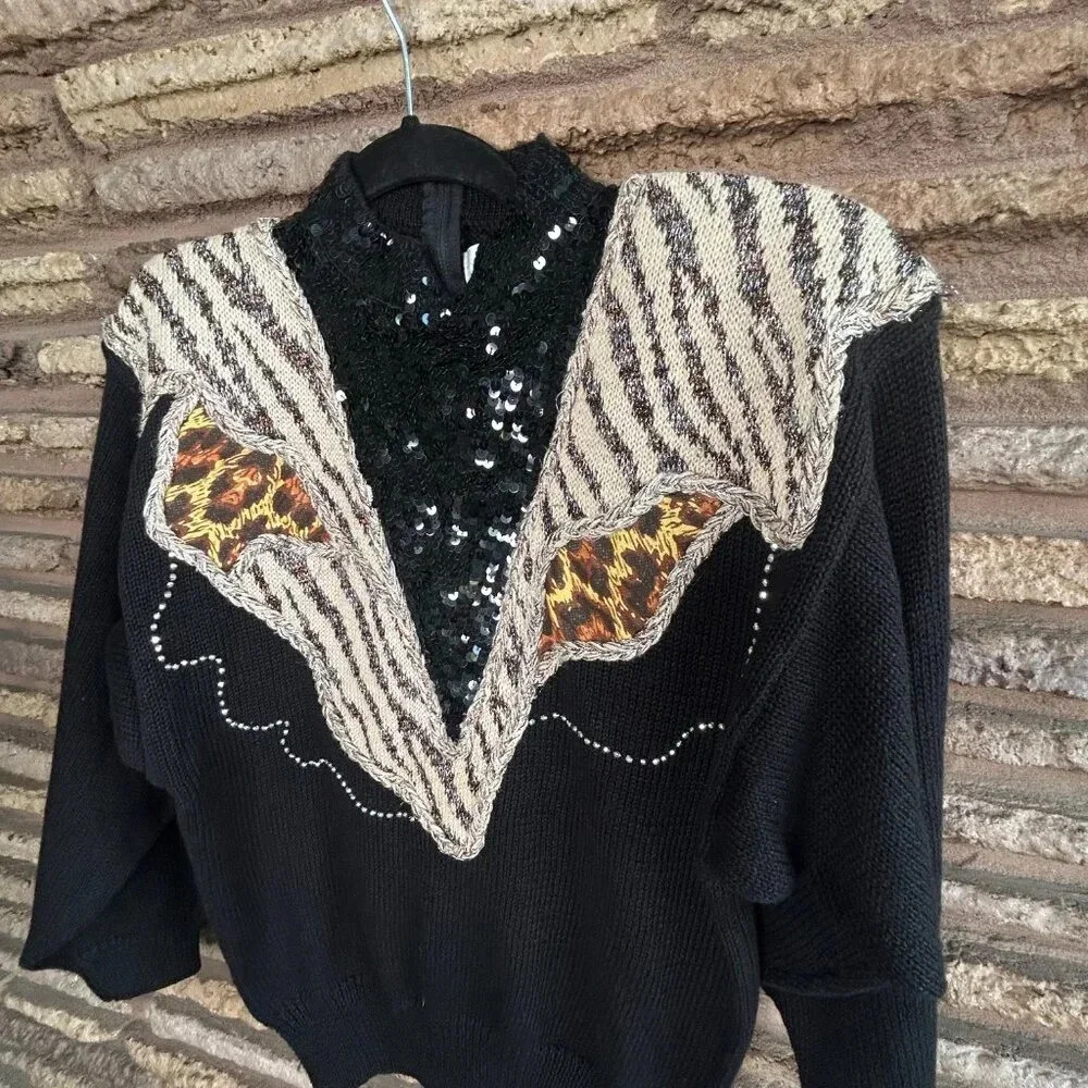 Vintage 80s Bonnie & Bill Zebra Print  Bling Embellished Sweater  NWT - Picture 8 of 10